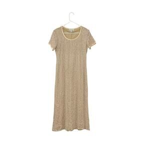 VTG 80s Ultra Dress Gold Lace Floral Maxi Dress Sz 14 Large Stretch Short Sleeve